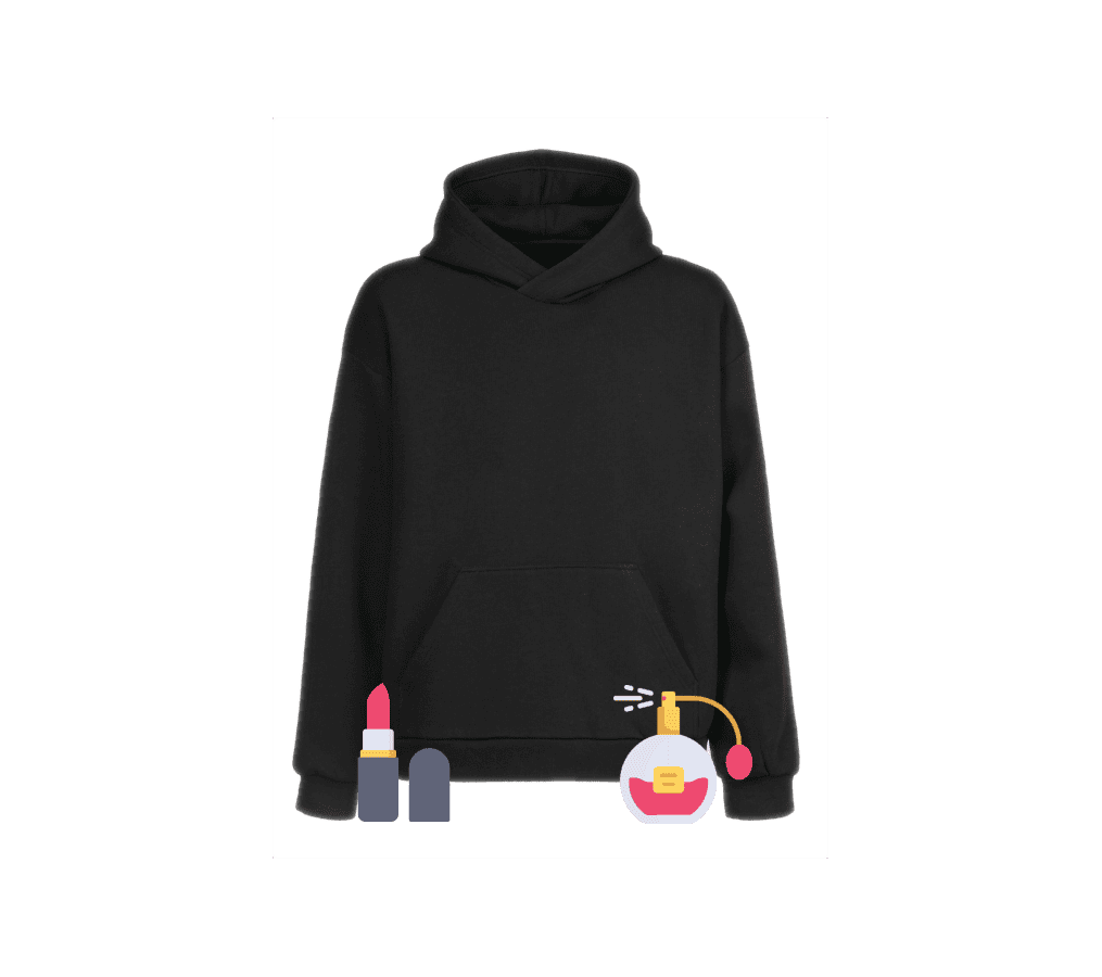 A black hoodie, Red lipstic and a pink vintage fragrance dispenser